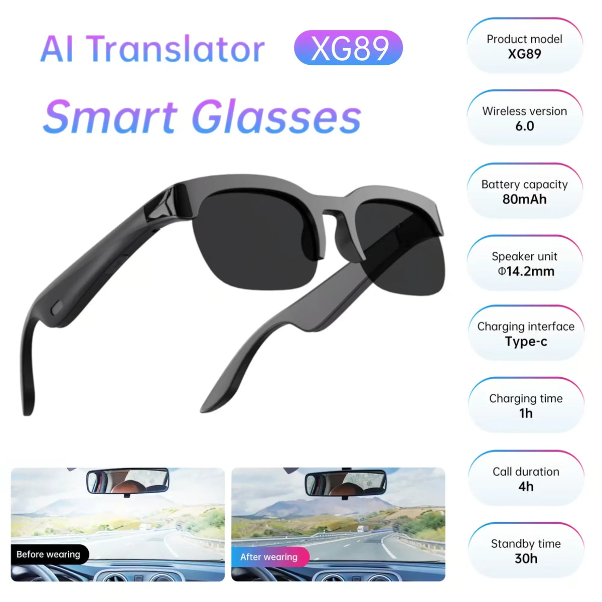 XG89 Smart Bluetooth Sunglasses – Wireless Audio, Built-In Microphone & Hands-Free Calling